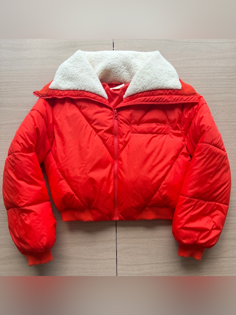 Anthropologie Maeve Orange Women’s Puffer Jacket with White Sherpa Collar XS